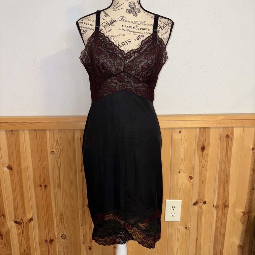 Vintage Movie Star Black‎ Nylon Lace Full Slip Lingerie Dress 34 Made in USA